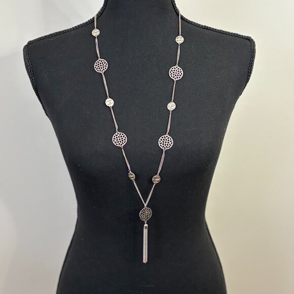 Silver Toned Circle Design Tassel Long Body Necklace - Picture 3 of 3